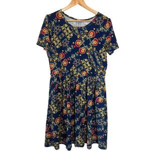 LuLaRoe Carly Dress Size 2XL Floral Paisley Blue Yellow High-Low Short Sleeve